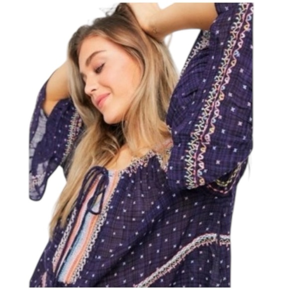 Free People Talia Embroidered Blouse Navy Size Small Boho Top Festival Flowy - Picture 10 of 13
